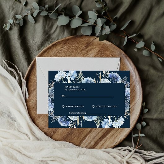 Navy Dusty Blue Floral Spring Bloom Bruiloft RSVP Kaartje