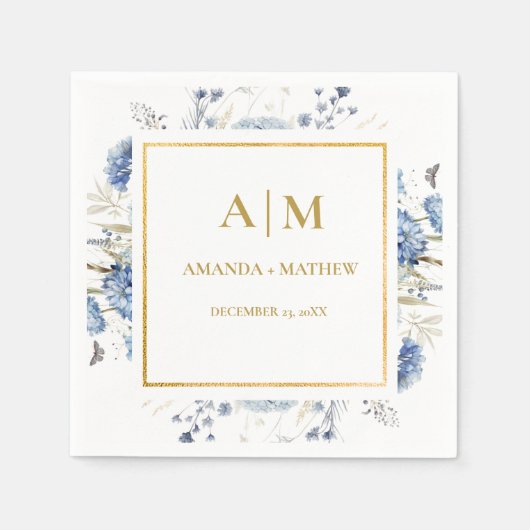 Navy Dusty Blue Floral Spring Bloom Bruiloft Servet (Voorkant)