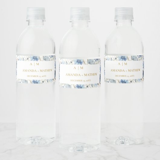 Navy Dusty Blue Floral Spring Bloom Bruiloft Waterfles Etiket (Flessen)