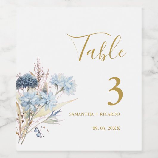 Navy Dusty Blue Floral Spring Bloom Trouwtafel Wijn Etiket (Enkel label)