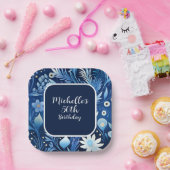 Navy Dusty Blue Flowers 50ste verjaardag Papieren Bordje (Feest)