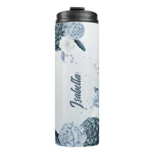 Navy Dusty Blue Flowers Botanical Thermosbeker (Voorkant)
