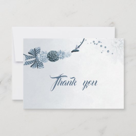 Navy Dusty Blue Flowers & Bow Dank u kaart (Voorkant)