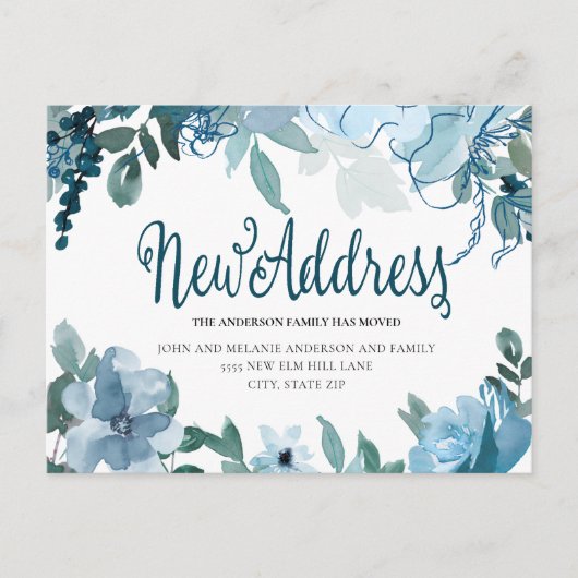 Navy Dusty Blue Flowers Cute Change Address Briefkaart (Voorkant)