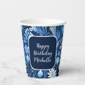 Navy Dusty Blue Flowers Happy Birthday Papieren Bekers (Achterkant)