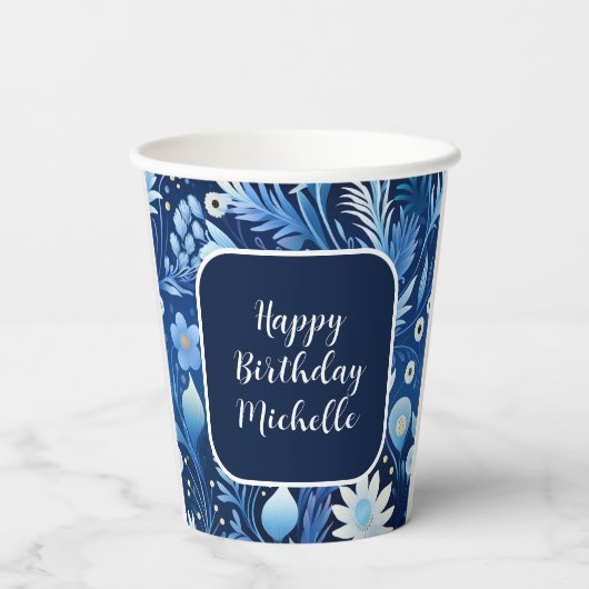 Navy Dusty Blue Flowers Happy Birthday Papieren Bekers (Achterkant)