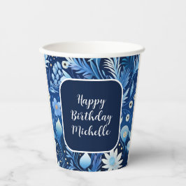 Navy Dusty Blue Flowers Happy Birthday Papieren Bekers
