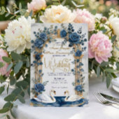 Navy Dusty Blue Gold Faux Foil Floral Swan Wedding Kaart