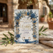 Navy Dusty Blue Gold Faux Foil Floral Swan Wedding Kaart