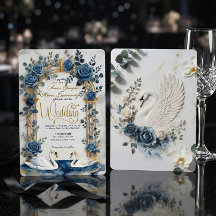 Navy Dusty Blue Gold Faux Foil Floral Swan Wedding