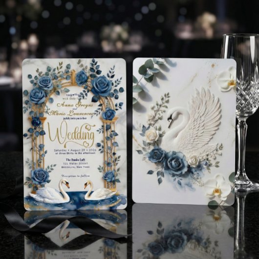 Navy Dusty Blue Gold Faux Foil Floral Swan Wedding Kaart