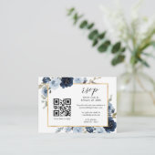 Navy Dusty Blue Gold Floral QR Code Weddenschap RS Informatiekaartje (Staand voorkant)