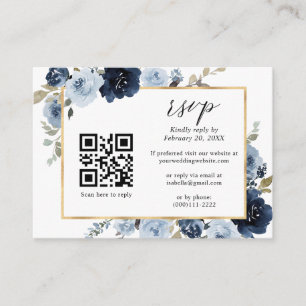 Navy Dusty Blue Gold Floral QR Code Weddenschap RS Informatiekaartje