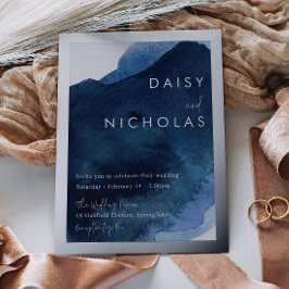 Navy Dusty Blue Ocean Watercolor Wedding Silver  Folie Uitnodiging