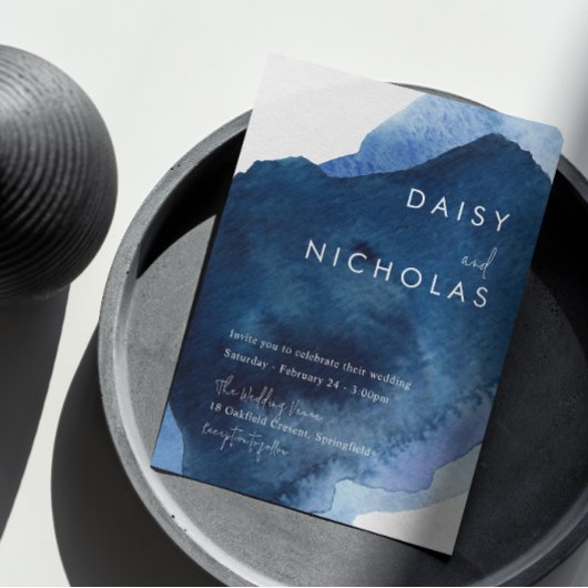 Navy Dusty Blue Ocean Waterverf Wedding Kaart