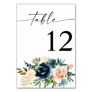 Navy, Dusty Blue & Pink Floral Table Number Kaart