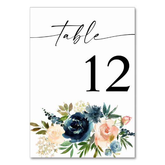 Navy, Dusty Blue & Pink Floral Table Number Kaart (Voorkant)