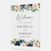 Navy, Dusty Blue & Pink Floral Wedding Welkom Acryl Bord (Hoek)