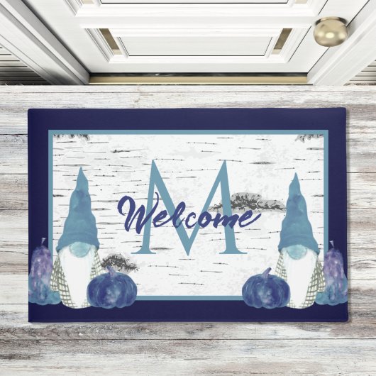Navy Dusty Blue Pumpkin Gnomes Aspen Rustic wood Deurmat
