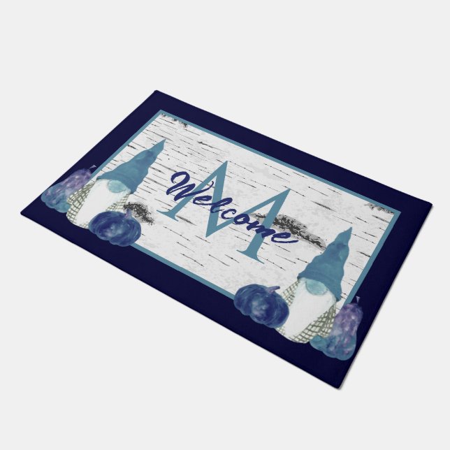 Navy Dusty Blue Pumpkin Gnomes Aspen Rustic wood Deurmat (Schuin)