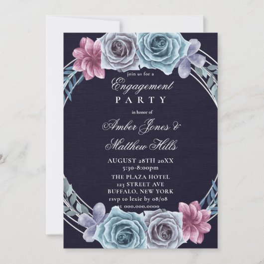 Navy Dusty Blue Roos Floral Engagement Party Kaart (Voorkant)