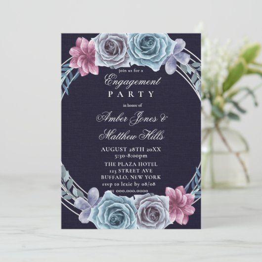Navy Dusty Blue Roos Floral Engagement Party Kaart (Staand voorkant)