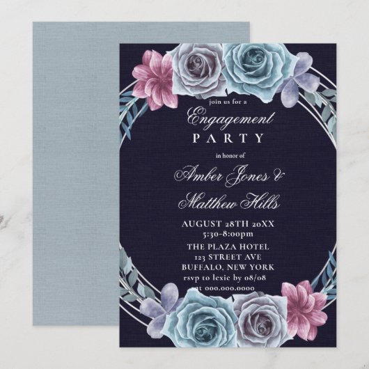 Navy Dusty Blue Roos Floral Engagement Party Kaart (Voorkant / Achterkant)