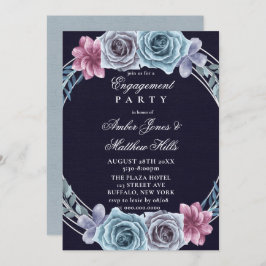Navy Dusty Blue Roos Floral Engagement Party Kaart