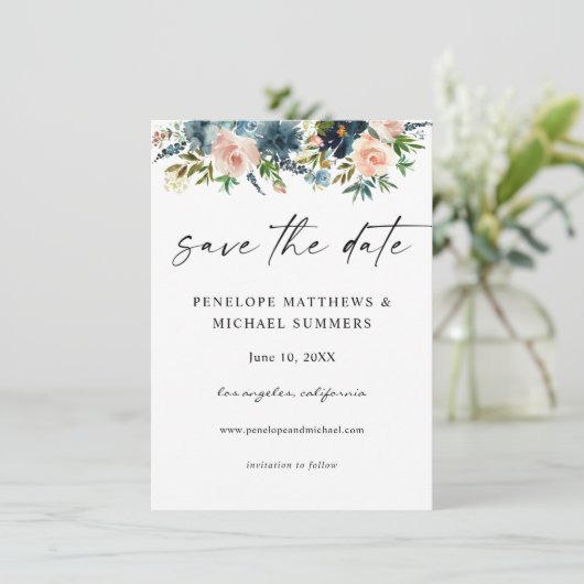 Navy Dusty Blue & Roze Floral Save the Date V2 (Staand voorkant)