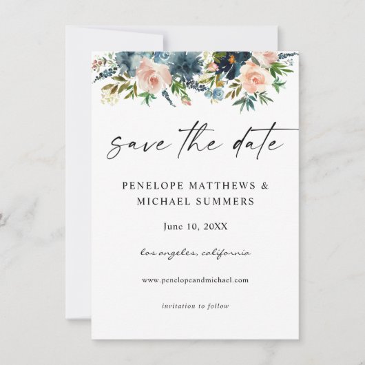 Navy Dusty Blue & Roze Floral Save the Date V2 (Voorkant)