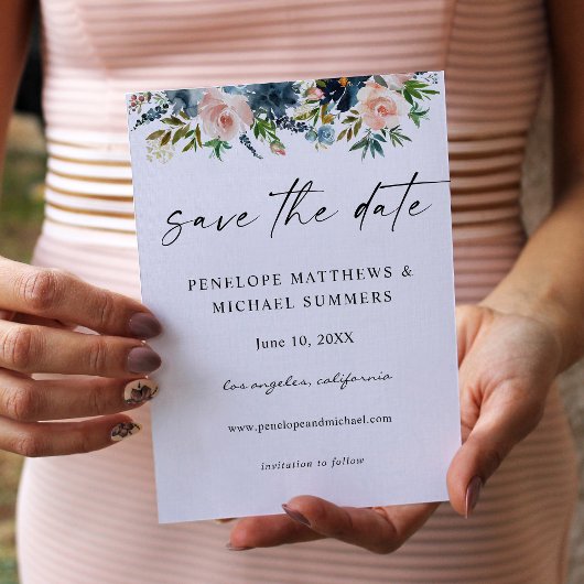 Navy Dusty Blue & Roze Floral Save the Date V2