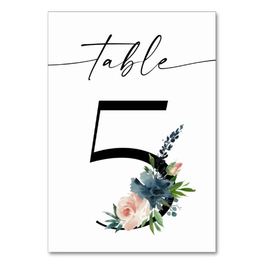 Navy, Dusty Blue & Roze Floral Table Number 5 Kaart (Voorkant)