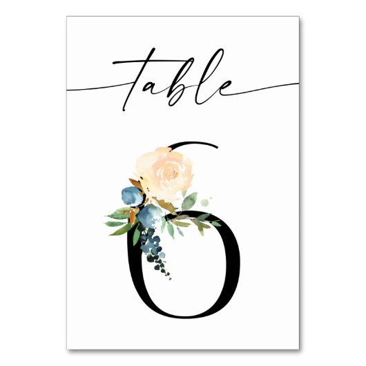Navy, Dusty Blue & Roze Floral Table Number 6 Kaart (Achterkant)