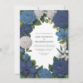 Navy, Dusty Blue & Silver Floral Wedding Kaart (Voorkant)