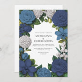 Navy, Dusty Blue & Silver Floral Wedding Kaart (Voorkant / Achterkant)