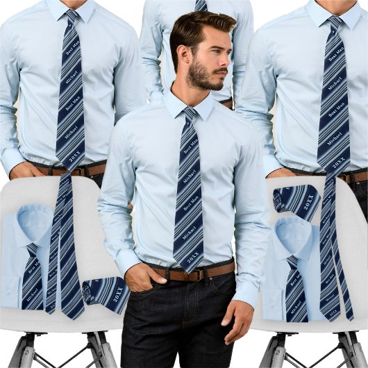 Navy Dusty Blue Striped Custom Name Bachelor Party Stropdas