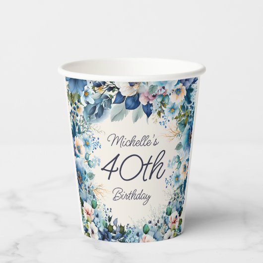 Navy Dusty Blue Waterverf Floral 40th Birthday Papieren Bekers (Achterkant)