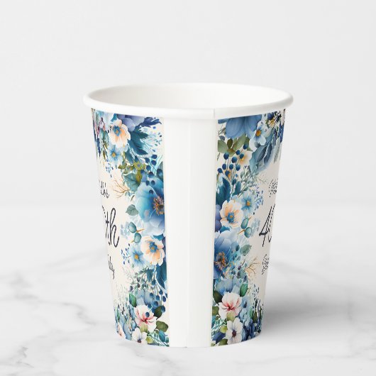 Navy Dusty Blue Waterverf Floral 40th Birthday Papieren Bekers (Rechts)