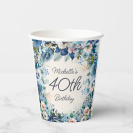 Navy Dusty Blue Waterverf Floral 40th Birthday Papieren Bekers