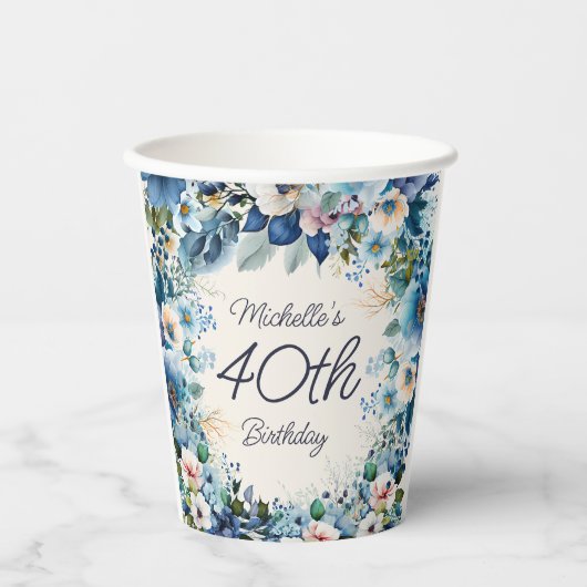 Navy Dusty Blue Waterverf Floral 40th Birthday Papieren Bekers (Voorkant)