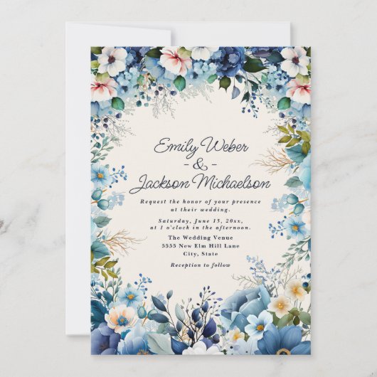 Navy Dusty Blue Waterverf Floral Wedding Kaart (Voorkant)
