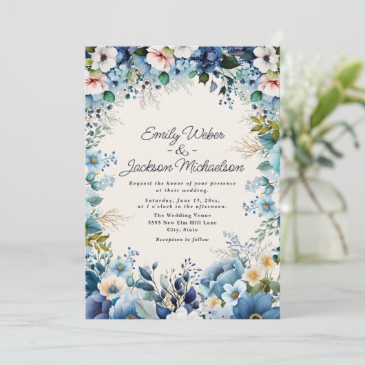 Navy Dusty Blue Waterverf Floral Wedding Kaart (Staand voorkant)