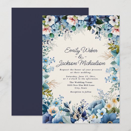 Navy Dusty Blue Waterverf Floral Wedding Kaart (Voorkant / Achterkant)