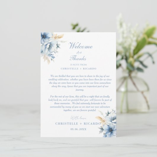 Navy Dusty Blue Welkom & dank u Wedding note (Staand voorkant)