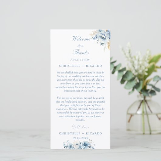 Navy Dusty Blue Welkom & dank u Wedding note (Staand voorkant)