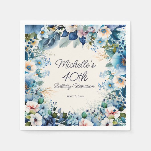 Navy Dusty Blue White Floral 40e verjaardag Servet (Voorkant)