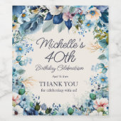 Navy Dusty Blue White Floral 40e verjaardag Wijn Etiket (Enkel label)