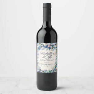 Navy Dusty Blue White Floral 40e verjaardag Wijn Etiket