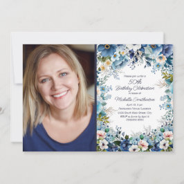 Navy Dusty Blue White Floral 50th Birthday Foto Kaart
