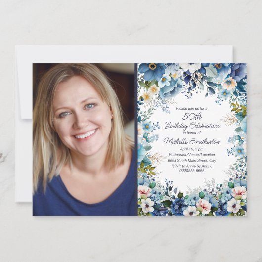 Navy Dusty Blue White Floral 50th Birthday Foto Kaart (Voorkant)